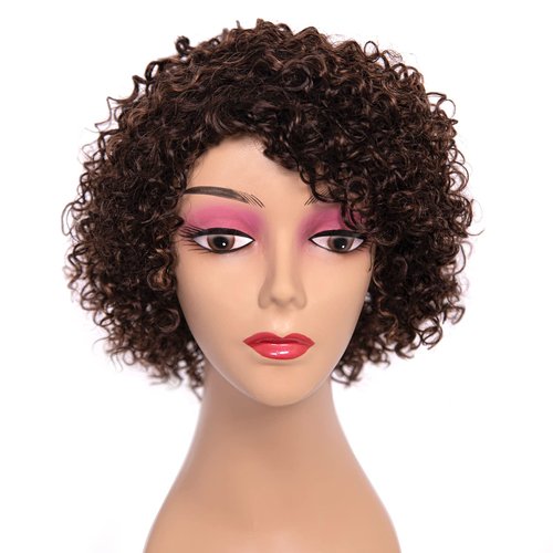 Unonet 8 inch Short Brown Curly Human Hair Wigs for Women Shor Curly Brown Wig 130% Density Brown Mix Auburn Regula Machine Made Glueless Wigs Side Part Daily Party Use (P4/30)