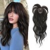 Fine Plus Clip in Bangs 360° Cover Mini Hair Topper Curly Bangs Hair Clip Fake Bangs Synthetic Wavy Hair Toppers for Women French Clip in Hair Extensions for Daily Wear(Brown Black)