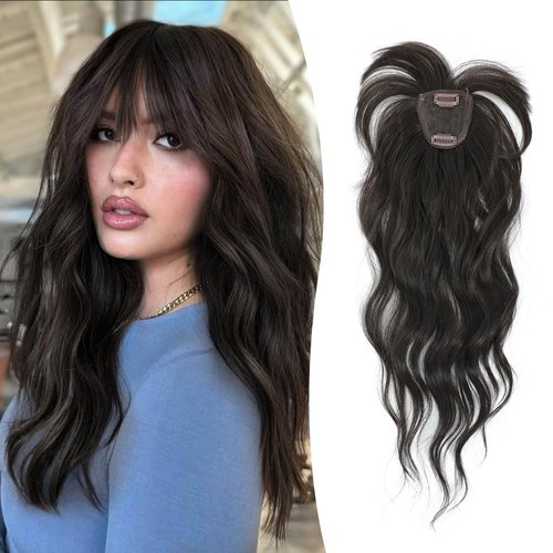 Fine Plus Clip in Bangs 360° Cover Mini Hair Topper Curly Bangs Hair Clip Fake Bangs Synthetic Wavy Hair Toppers for Women French Clip in Hair Extensions for Daily Wear(Brown Black)