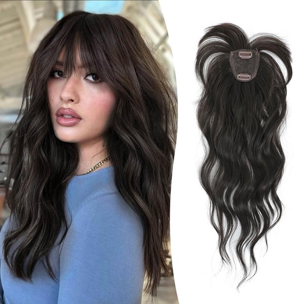 Fine Plus Clip in Bangs 360° Cover Mini Hair Topper Curly Bangs Hair Clip Fake Bangs Synthetic Wavy Hair Toppers for Women French Clip in Hair Extensions for Daily Wear(Brown Black)