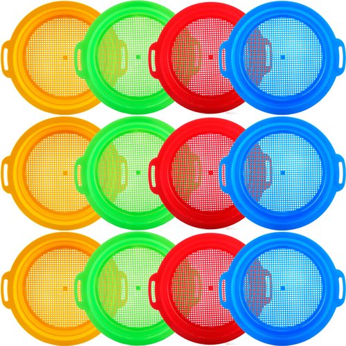 Restroma 12 Pack Kids Sand Sifter Sieve Plastic Sand Strainer Beach Toys Sand Sifting Pan for Child Boys Girls Beach Finding Treasure Tools Party Supplies, 4 Colors