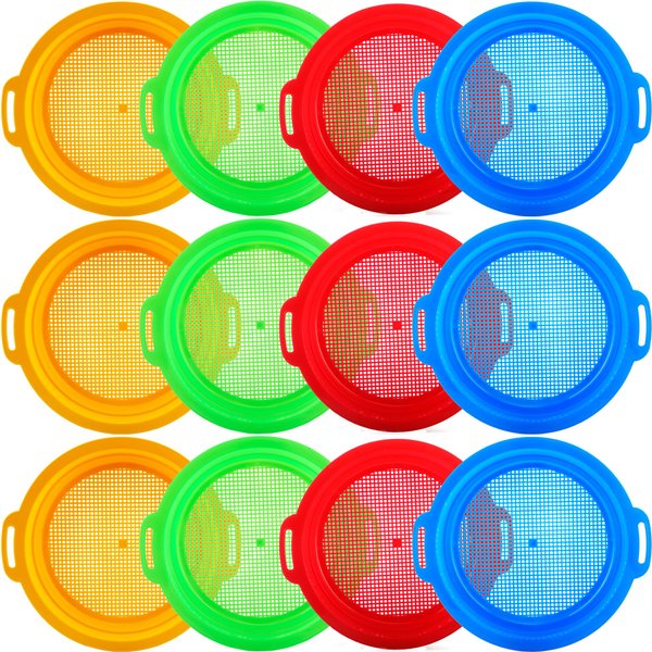 Restroma 12 Pack Kids Sand Sifter Sieve Plastic Sand Strainer Beach Toys Sand Sifting Pan for Child Boys Girls Beach Finding Treasure Tools Party Supplies, 4 Colors