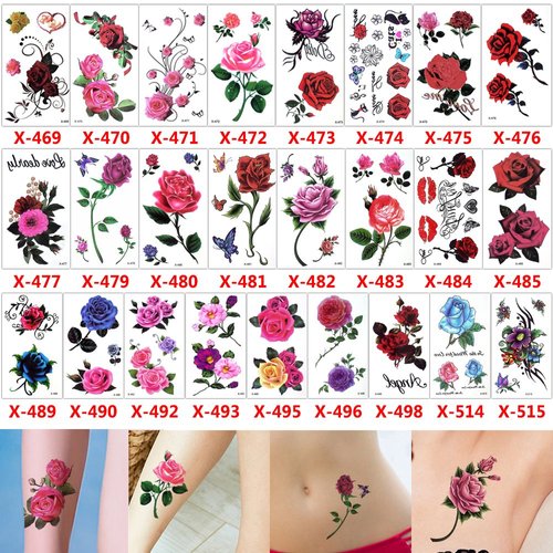 Glaryyears Flower Realistic Temporary Tattoos, Small Tiny Fake Rose Tattoo Stickers, 25 Pack for Women Girls Adults Makeup on Body Face Hand Finger Arm Neck Wrist, Sexy Party Supplies Favors