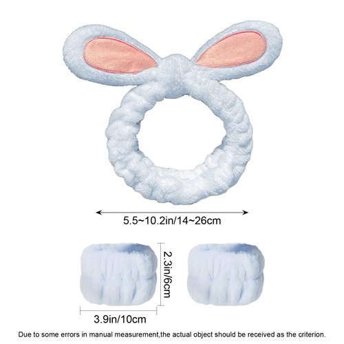 3-Pack Spa Headband and Wristband Set,Soft Plush Makeup Skincare Headband Wrist Bands Cute Bunny Rabbit Ears Face Wash Headband and Towel Wristband Set for Women Girls Washing Face Skin Care (Blue)
