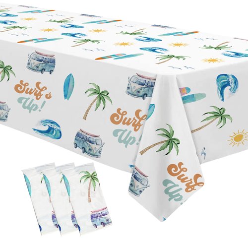 APOWBLS Surf's Up Party Decorations Tablecloth Boys - Disposable Surf Birthday Party Supplies Table Cover, Summer Hawaiian Beach Wave Surfing Birthday Decorations Table Cloth - 3Pack (54in x 108in)