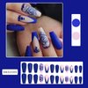 Rilafuvu Medium Press on Nails French Tip Fake Nails with Flower Designs Acrylic Nails Coffin Blue Glue on Nails Rhinestones Stick on Nails Glitter Press on Nail for Women and Girls 24Pcs