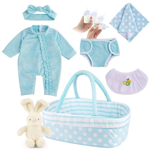 BABESIDE 8 Pcs Reborn Baby Doll Clothes with Bassinet for 17-22 Inch Baby Dolls, Baby Doll Clothing Outfit Accessories fit Newborn Baby Doll Girl Boys (Blue)