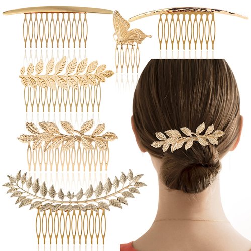 6 Pack Vintage Hair Side Combs Metal for Women Girl, Bridal Leaf Decorative Clips Gold French Twist Hair Slide Comb with Teeth Grip for Bride Wedding Headpiece Hair Accessories