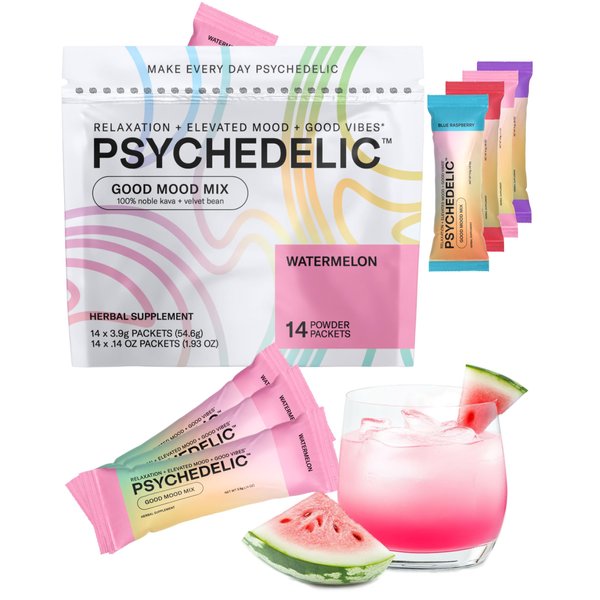 Good Mood Mix - Watermelon - Powder Packets - Calming Kava Drink Mix - Easy Open Single-Serving - Flavored Kava Powder - Mucuna Pruriens - Stevia - Non Alcoholic Adaptogen Mocktails - 14 Stick