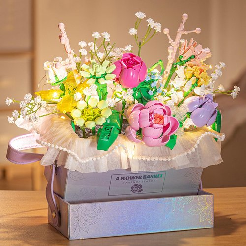HIGH GODO Flowers Bouquet Building Set, Flowers Basket Building Blocks with Light, 706PCS Botanical Collection Building Kit, Anniversaries Birthday Gift for Women Girlfriend Adults 8+