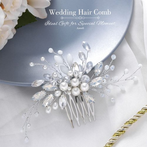 Asooll Pearl Bride Wedding Hair Comb Silver Rhinestone Bridal Hair Clips Opal Hairpiece Hair Accessories for Women and Girls