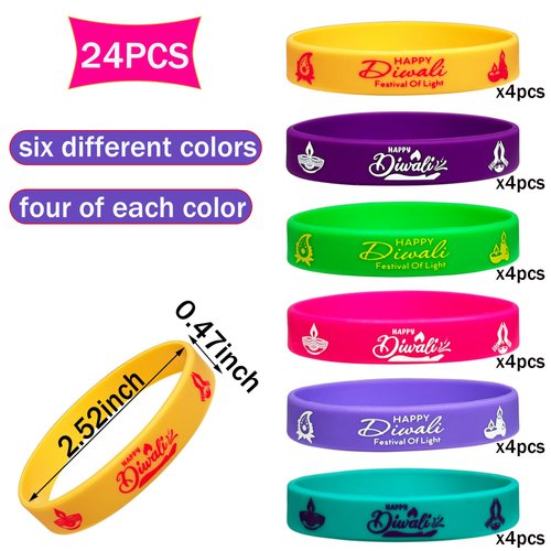 FSHANEE Happy Diwali Rubber Bracelets Happy Diwali Party Supplies Festival of Light Silicone Wristbands Indian Deepavali Hindu Party Gift Bag Fillers Goodie Bag Stuff, Set of 24 Counts