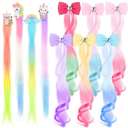 10 Pcs Braiding Hair Extensions with Clips Unicorn Rainbow Mermaid Hair Accessories Curly Straight Colored Hair Clips for Girls Braided Clip on Colored Hair Extensions for Kids Dress Up Supplies