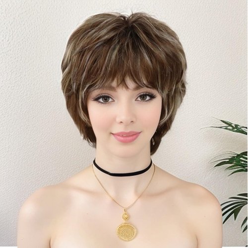 GNIMEGIL Synthetic Wigs for Women Natural Wig Mix Brown with Bangs Short HairCuts Mommy Wig Gifts Petite Size Old Lady Wigs