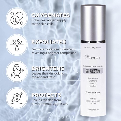 Pneuma Age-Defiance Gel Cleanser with Antioxidant | AHA | Glycolic | Oxygenate, Exfoliate, Protect and Soothes Skin | Gentle Face Cleanser Gel | Green Tea and Aloe