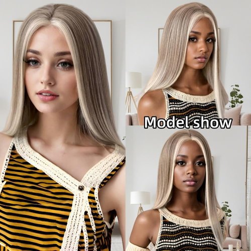 21AE Ombre Ash Blonde Wig with Baby Hair Pre plucked White Grey Balayage Highlights Streaks Platinum Blonde Lace Front Wigs for White Women Straight Bob Japanese Synthetic Wig Soft as Human Hair