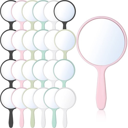 Jetec 25 Pcs Handheld Mirror with Handle Bulk, 3.94" L x 2.17" W, Small Portable Round Mirror for Kids Travel Makeup Classroom Camping Daily Use (White, Pink, Black, Blue, Green)