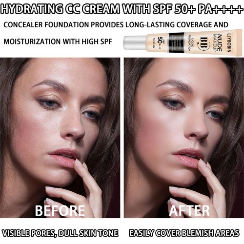 Hydrating CC Cream with SPF 50+ PA++++,Waterproof Flawless Concealer Full Coverage BB Cream for All Skin Types,Long Lasting Moisturizing Full Coverage Liquid Foundation for Men & Women（Ivory）
