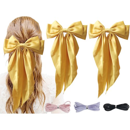 PQZKLDP 2PCS Silky Satin Hair Bows Big Versatile Hair Bows Cute Clips for Girls & Women Yellow Hair Bow Ribbons Oversized Long Tail Metal Clips Bowknot Aesthetic Hair Accessories (PD 213)