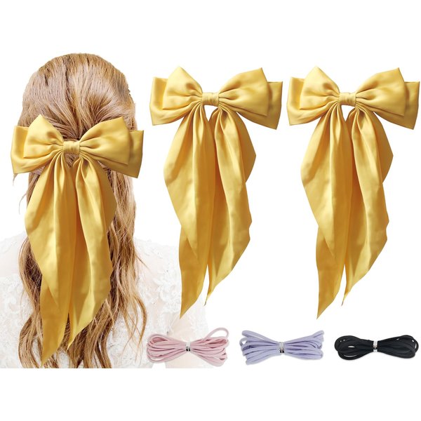 PQZKLDP 2PCS Silky Satin Hair Bows Big Versatile Hair Bows Cute Clips for Girls & Women Yellow Hair Bow Ribbons Oversized Long Tail Metal Clips Bowknot Aesthetic Hair Accessories (PD 213)