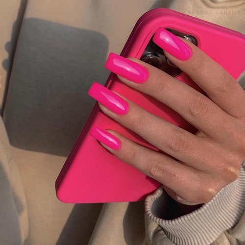 KQueenest Hot Pink Press on Nails Medium Long,Thick Glue on Nails Medium Coffin Nails Press on Fake Nails Long Nails for Women,Neon Pink Nails Stick on Nails Opaque Acrylic Square Tip Nails 24 PCS