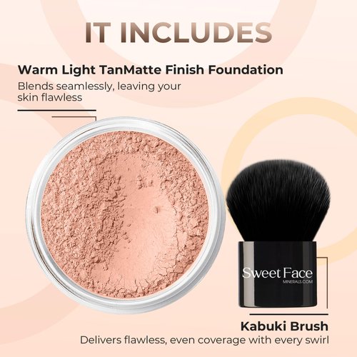 2pc FOUNDATION with KABUKI BRUSH Mineral Makeup (LIGHT TAN) Matte Loose Powder Bare Face Cosmetics Full Coverage Long Lasting All Skin Types SPF 18