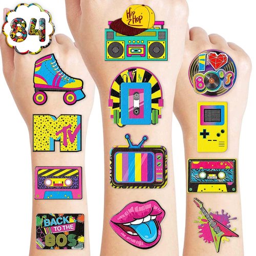 8 Sheets (84PCS) Hip Hop Temporary Tattoos 80s 90s Themed Birthday Party Decorations Supplies Favors Decor Stickers for Men Women Kids Gifts Classroom School Prizes Rewards