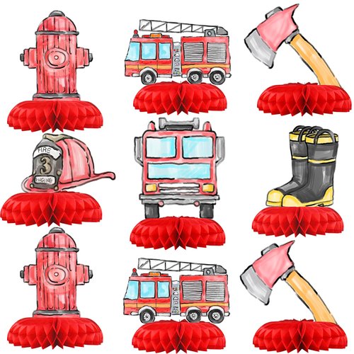 HaPiBiDesign Firetruck PartyTable Centerpieces - Firetruck Party Decoration - 12 PCS Firetruck Birthday Decorations - Fire Truck Party Favors for Kids