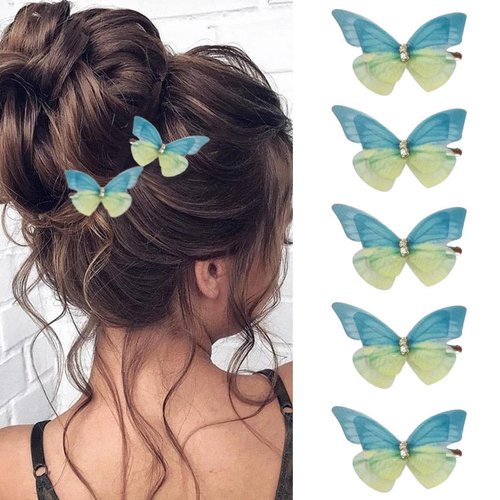Bartosi Fabric Butterfly Hair Clips Green Butterflies Hair Barrettes Cute Small Decorative Hair Pins Hair Accessories for Women and Girls (Pack of 5)