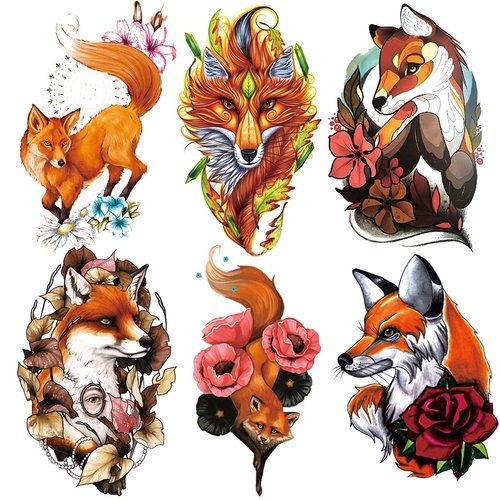 Oottati Waterproof Fake Temporary Tattoos Sticker 6 Sheets Color Arm Leg Orange Hand Print Fox Leave Flower