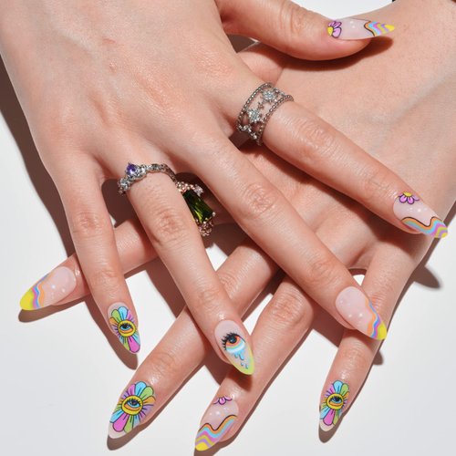 GLAMERMAID Press on Nails Medium Almond, Gothic Matte Rainbow Flower Glue on Gel Nails, 24Pcs Colorful Short Almond Mushroom Acrylic False Nails Kits Resuable UV Finish Full Cover Stick on Nails