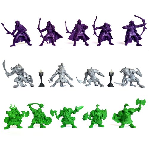 Fantasy Battles 2ʺ DND Miniatures Bulk with 14 Pcs Gaming Action Figures - Used As Tabletop Miniatures - Werewolves, Elves, Dwarf Minifigures to Paint - 2 Unpainted Miniatures of Torches Included