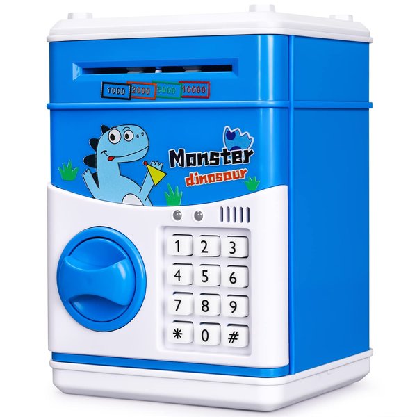 KMiKE Electronic Dinosaur Piggy Bank for Kids Cash Cartoon ATM Money Saver Bank for Kids with Password & Music Great Gift Toy for Kids Children (Blue Dinosaur)