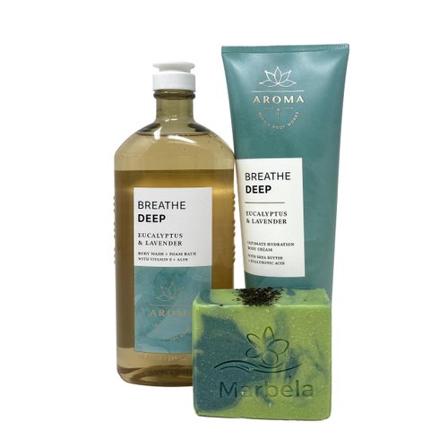 Bath & Body Works Aroma Breathe Deep Eucalyptus & Lavender Gift Set - Body Cream - Body Wash with a Fresh Forest Bar Soap.