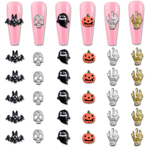 WOKOTO 30Pcs Halloween Nail 3d Charms For Women Nails Metal Nail Charms For Acrylic Nails Bat Pumpkin Skull Hand Ghost Halloween Nail Jewelry And Decorations Kit For Women Girls Nail Art Accessories