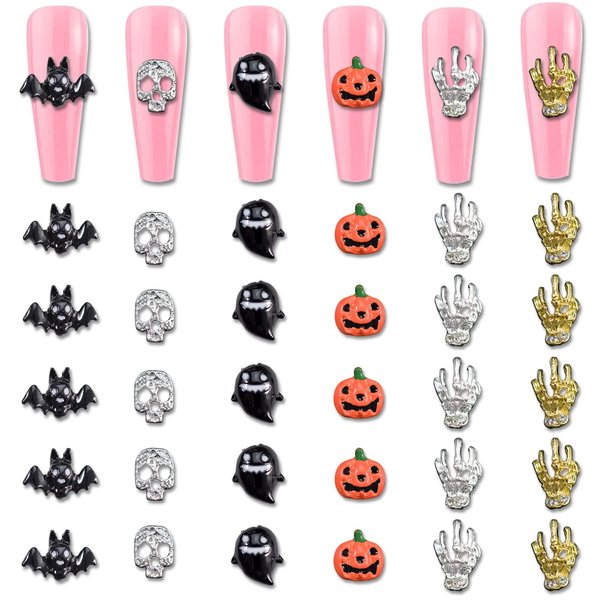 WOKOTO 30Pcs Halloween Nail 3d Charms For Women Nails Metal Nail Charms For Acrylic Nails Bat Pumpkin Skull Hand Ghost Halloween Nail Jewelry And Decorations Kit For Women Girls Nail Art Accessories