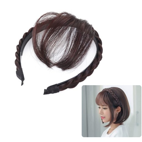 Uonlytech Front Hair Bangs Wigs Headband, Front Hair Bangs Fringe Hair Extensions Synthetic Wigs Headband Braided Wigs Headband for Women Girls, Brown