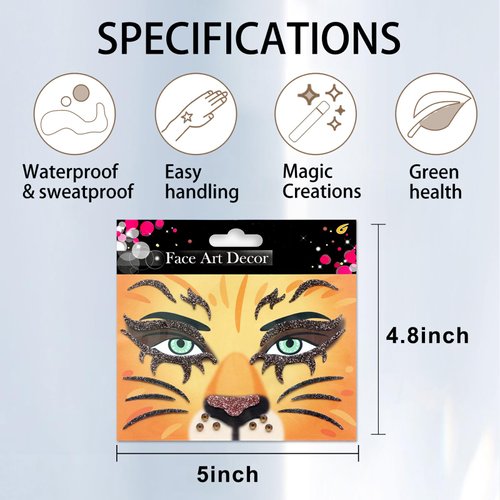 Leopards Lions Face Gem Sticker Halloween Face Tattoos Stickers Forest Animals Temporary Tattoos Stickers Glittery Eye Face Body Sticker for Makeup Halloween Face Decor 2 Sheets.(B-Leopards Lions)