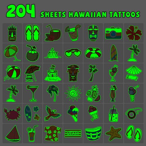 EMOME 204 Sheets Glow Individually Wrapped Temporary Tattoos for Kids, Hawaiian Luau Tropical Pool Beach Party Favors Supplies for Girls Boys, Waterproof Kids Tattoos and Fake Tattoo Stickers