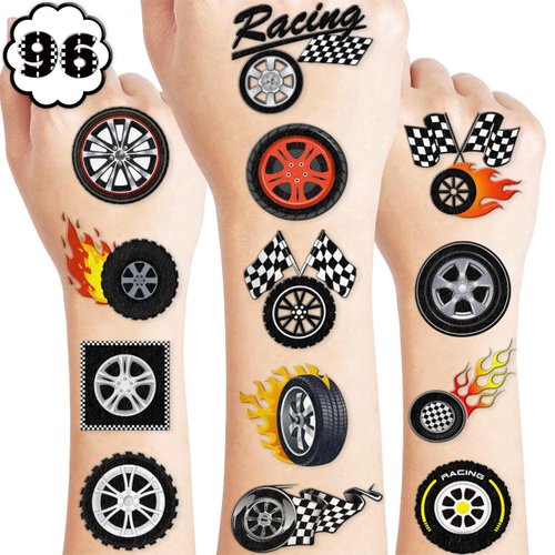 100 PCS Wheel Tire Checkered Flag Temporary Tattoos Themed Birthday Party Decorations Favors Supplies Décor Race Car Black And White Tattoo Stickers Gifts For Game Boys Girls Classroom School Prizes