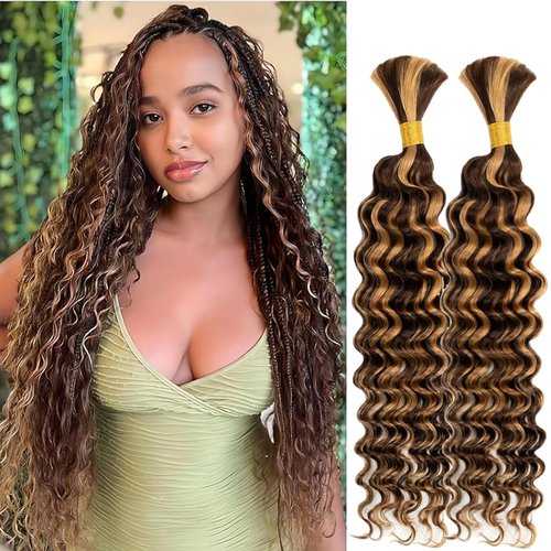 Human Braiding Hair 26 Inch Deep Wave Bulk P4/27 Human Hair for Braiding No Weft 2 Bundles 100g Curly Human Hair for Boho Braids 100% Unprocessed Brazilian Virgin Hair for Human Hair Extensions