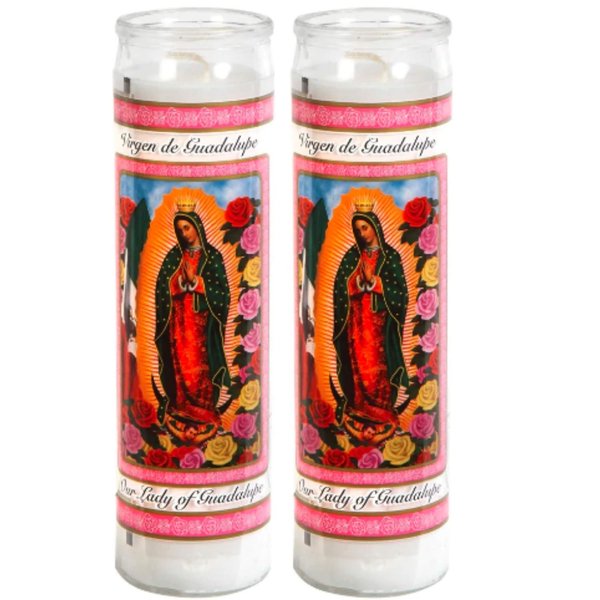 Prayer Candles - Lady of Guadalupe Candle (2 Pc) Great for Sanctuary Vigils and Prayers - Unscented Glass Candle Set - Jar Candles - Devotional Spiritual Religious Church Cemeteries