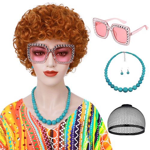 YTbeauty Orange Red Curly Wig for Women Landlady Costume Wig Short Curly Reddish Orange Wig Heat Resistant Synthetic Annie Wig for Halloween Party Cosplay(Adult)