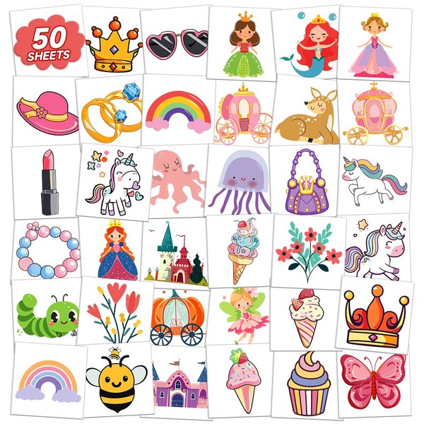 EMOME Kids Tattoos Temporary for Girls, 50 Pcs Individually Wrapped Tattoo Stickers for Kids, Waterproof Fake Tattoos for Goodie Bags Stuffers Fillers, Girls Birthday Party Favors Supplies Decorations