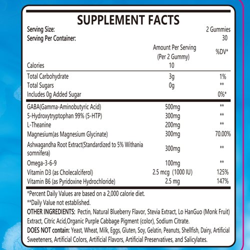 Cymixy8 5-HTP GABA Gummies Blend 1700mg, Sugar-Free Calm Gummies with L Theanine, Magnesium, Ashwagandha, Omega-3-6-9, Vitamin D3,B6 for Natural Zzzs, Mood, Brain-Calm, Blueberry Flavor 60Count
