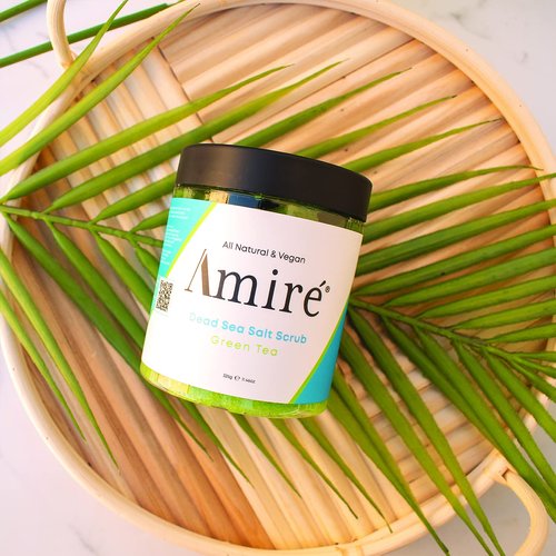 Amire Green Tea Dead Sea Salt Body Scrub. All Natural Body Polish. Infused with Argan, Peppermint, and Sunflower Oil.