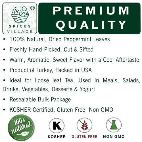 SPICES VILLAGE Dried Peppermint Leaves (2 oz) - Fresh Peppermint Leaves, Mint Herb, Crushed Mint Spice Great for Loose Leaf Tea, Dry Mint Powder, Cut and Sifted - Kosher, Gluten Free, Non GMO, Resealable Bulk Bag
