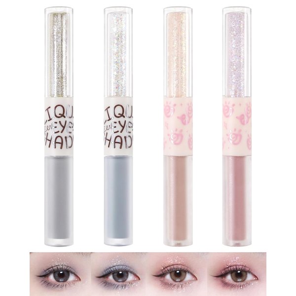 4Pcs Liquid Glitter & Matte Eyeshadow Eyeliner Set, 2-in-1 Cream Eyeshadow & Shimmer Liner, Korean Sparkly Bling Eye Shadow with Pigmented, Long Lasting, Quick Dry Glue for Crystals Eye Makeup -Set A