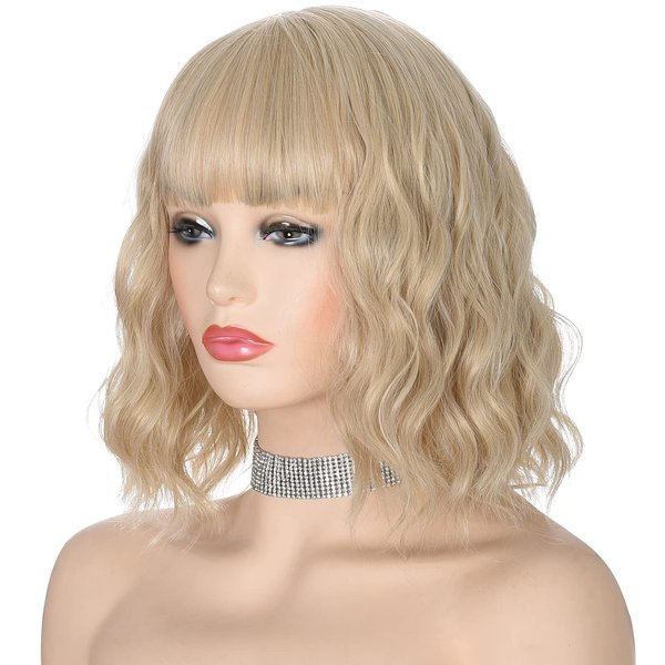 morvally Blonde Wig with Bangs Short Blonde Wigs for Women Blond Wavy Synthetic Hair Bob Wigs for Womens Daily Wear 12 Inch