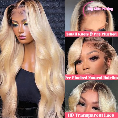 Smavida HD Lace Front Wigs Human Hair for Black Women,150% Density Ombre 613 Blonde Free Part Colored Lace Frontal Human Hair Wig Dark Root Body Wave Wig Pre Plucked with Baby Hair 24inch